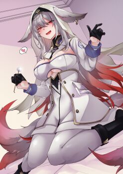 1girl absurdres animal_ear_piercing animal_ears black_boots black_gloves blush boots breasts cleavage closers clothing_cutout commentary_request commission dress ears_through_headwear facial_mark fox_ears fox_girl fox_tail gildal_(closers) gloves gold_trim gradient_hair grey_hair haagyu hair_between_eyes half_gloves hand_up highres holding indoors korean_commentary large_breasts long_hair long_sleeves looking_at_viewer mimikaki multicolored_hair multiple_tails open_mouth orange_hair pantyhose red_eyes shrug_(clothing) sidelocks sitting solo tail underboob underboob_cutout veil wariza white_dress white_pantyhose white_shrug white_veil