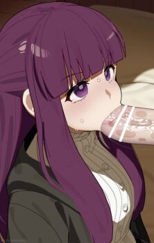 1boy 1girl animated bar_censor blunt_bangs breasts censored dress erection fellatio fern_(sousou_no_frieren) hetero highres large_breasts large_penis long_hair looping_animation mizumizuni oral paid_reward_available penis purple_eyes purple_hair solo_focus sousou_no_frieren tagme ugoira video white_dress