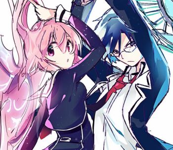 1boy 1girl black_dress black_jacket blue_eyes blue_hair chaos;child cropped_jacket d-sword dress dress_shirt dress_vest glasses hekiho_academy_school_uniform holding holding_sword holding_weapon jacket looking_at_viewer miyashiro_takuru necktie non-web_source onoe_serika pink_eyes pink_hair red_necktie rotte_(1109) school_uniform science_adventure shirt sword weapon