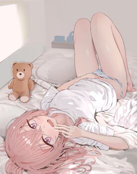 1girl absurdres bare_legs barefoot blush breasts caught female_focus hair_between_eyes hand_in_panties highres hitachi_magic_wand implied_masturbation indoors inui_sajuna knees_up long_hair looking_at_viewer lying on_back open_mouth panties pink_eyes pink_hair pjkka sex_toy shirt short_sleeves small_breasts solo sono_bisque_doll_wa_koi_wo_suru striped_clothes striped_panties stuffed_animal stuffed_toy teddy_bear underwear upside-down vibrator white_shirt