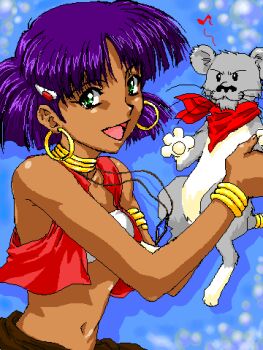 1girl :d animal bad_id bandana bandeau bare_shoulders belt blue_background blue_gemstone blunt_ends bob_cut breasts brown_belt commentary cropped_vest dark-skinned_female dark_skin earrings from_side fushigi_no_umi_no_nadia gem gold_earrings green_eyes hair_ornament hairclip holding holding_animal hoop_earrings jewelry king_(nadia) lion lion_cub looking_at_viewer looking_to_the_side lowres midriff musical_note nadia_la_arwall navel neck_ring necklace oekaki open_clothes open_mouth open_vest pendant pixel_art purple_hair red_bandana red_vest short_hair shou_(akuma_no_ryouiki) small_breasts smile solo spoken_musical_note strapless tube_top upper_body vest white_bandeau