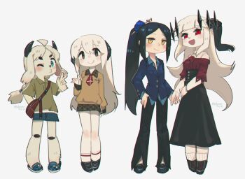 4girls :d absurdres ahoge alternate_costume alternate_universe animal_ears bag bare_shoulders black_dress black_eyes black_hair black_pants blue_eyes blue_flower blue_rose blue_suit colored_skin contemporary crocs dress flower formal_clothes furry furry_female goat_ears goat_girl goat_horns goddess_of_war_(porforever) hair_flower hair_ornament halo highres horizontal_pupils horns jacket long_hair looking_at_viewer multiple_girls necktie off_shoulder one_eye_closed open_mouth original pant_suit pants plaid_clothes plaid_skirt ponytail porforever red_eyes rose shirt shorts shoulder_bag skirt smile standing suit suit_jacket sunset_(porforever) t-shirt v very_long_hair waving white_hair white_skin yellow_eyes