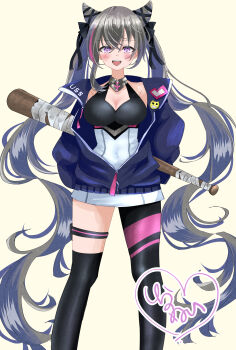 1girl :d absurdres asymmetrical_legwear azur_lane baseball_bat black_ribbon black_thighhighs blue_jacket blush breasts cleavage cone_hair_bun covered_navel double_bun grey_hair hair_bun hair_ribbon highres jacket large_breasts long_hair looking_at_viewer multicolored_hair open_mouth pink_hair pink_streaks purple_eyes ribbon san_francisco_(azur_lane) shiranuinuiko signature single_thighhigh smile solo streaked_hair thighhighs twintails very_long_hair