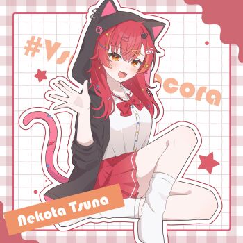 1girl absurdres alternate_costume animal_ears black_jacket blush bow breasts cat_ears cat_hair_ornament cat_tail character_name check_commentary commentary commentary_request decora fang hair_ornament hairclip hashtag highres hood hood_up jacket long_hair maruwo_pu medium_breasts multicolored_hair nail_polish nekota_tsuna number_hair_ornament open_mouth orange_eyes parallel_hairclips red_bow red_hair red_nails red_skirt shirt sitting skirt sleeves_rolled_up socks solo sparkle_hair_ornament star_(symbol) streaked_hair tail thick_eyelashes thighs virtual_youtuber vspo! waving white_shirt white_socks x_hair_ornament