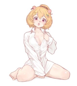 1girl animal_ears blush breasts cleavage collarbone collared_shirt dress_shirt ear_piercing eimi_isami feet hamster_ears large_breasts looking_at_viewer orange_hair phase_connect piercing pink_eyes scrunchie shirt short_hair sitting solo spread_legs sussynano thighs virtual_youtuber wariza white_background white_shirt