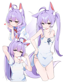 Rule 34 | 1girl, :o, adjusting clothes, ahoge, animal ear fluff, animal ears, blue eyes, braid, braided twintails, brown eyes, chaum, chemise, closed mouth, cropped legs, cropped torso, fox ears, fox girl, fox tail, hair between eyes, hand up, hands up, hashtag-only commentary, heart, heterochromia, highres, indoors, long bangs, long hair, looking at viewer, multicolored hair, multiple views, off-shoulder shirt, off shoulder, panties, panty peek, parted lips, purple hair, shirt, short sleeves, simple background, single off shoulder, smile, spaghetti strap, stellive, strap slip, streaked hair, tail, tenko shibuki, twintails, underwear, virtual youtuber, white background, white chemise, white panties, white shirt