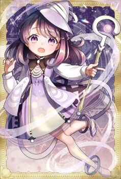 Rule 34 | 1girl, blush, border, borrowed character, brown hair, commentary request, commission, dress, full body, hat, highres, holding, holding staff, long hair, long sleeves, looking at viewer, open mouth, original, outside border, purple background, purple dress, purple hat, purple shoes, shoes, shuu (syuuuuuuuuuu), skeb commission, solo, staff, standing, standing on one leg, witch hat, yellow border