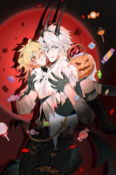 2boys absurdres aged_down alternate_costume animal_ears antenna_hair black_choker black_gloves black_shorts blonde_hair blood blood_on_clothes blood_on_face blue_eyes blush braid chinese_commentary choker commentary_request demon_horns facial_tattoo ghost_costume gloves gradient_hair half_gloves halloween halloween_bucket halloween_costume highres honkai:_star_rail honkai_(series) horns k8956770 lion_boy lion_ears lion_tail male_focus medium_hair multicolored_hair multiple_boys mydei_(honkai:_star_rail) parted_bangs phainon_(honkai:_star_rail) red_hair red_tattoo shirt short_hair shorts side_braid spotlight tail tattoo white_hair white_shirt yaoi yellow_eyes