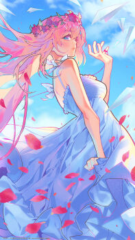 1girl barachan bare_arms bare_shoulders blue_eyes blue_sky blush breasts closed_mouth cloud cloudy_sky commentary copyright_name copyright_notice dress dutch_angle english_commentary eyelashes floating_hair flower flower_wreath from_behind hand_up highres just_be_friends_(vocaloid) large_breasts long_dress long_hair looking_at_viewer looking_back megurine_luka official_art paper_airplane petals pink_flower pink_rose project_diva_mega39's rose shirt_hold sidelocks sideways_glance sky sleeveless sleeveless_dress solo spaghetti_strap string string_around_finger string_of_fate very_long_hair vocaloid watermark web_address white_dress white_flower