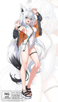 1girl ahoge alternate_costume animal_ear_fluff animal_ears aqua_eyes arm_strap arm_up black_jacket black_ribbon cellphone claw_pose commentary_request competition_swimsuit double-parted_bangs extra_ears fang fox_ears fox_girl fox_tail full_body hair_between_eyes hair_ribbon hand_up highleg highleg_one-piece_swimsuit highres hololive jacket jacket_over_swimsuit long_hair low_ponytail off_shoulder one-piece_swimsuit open_mouth orange_jacket pentagram phone ponytail ribbon sandals shirakami_fubuki smartphone smartphone_pouch solo swimsuit ta_shiuji30 tail thigh_strap toes two-sided_fabric two-sided_jacket v-shaped_eyebrows virtual_youtuber white_hair white_one-piece_swimsuit zoom_layer