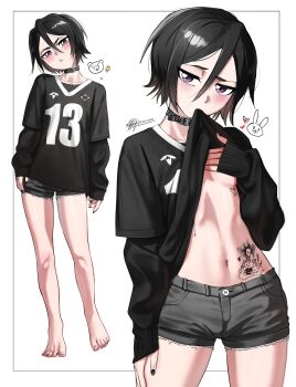 Rule 34 | 1girl, artist name, barefoot, black choker, black hair, black nails, black shirt, black shorts, bleach, breasts, chest tattoo, choker, clothes in mouth, clothes lift, denim, denim shorts, hair between eyes, heart, heart tattoo, highres, kuchiki rukia, looking at viewer, nail polish, navel, purple eyes, shirt, short hair, short shorts, shorts, signature, simple background, small breasts, solo, stomach, stomach tattoo, tattoo, waligner, white background