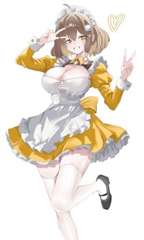 1girl absurdres ahoge alternate_costume anis_(nikke) apron black_shoes black_thighhighs blush breasts brown_eyes brown_hair cleavage commentary_request double_v dress goddess_of_victory:_nikke grin hair_ornament heart highres hoduchamchi korean_commentary large_breasts looking_at_viewer maid maid_apron maid_headdress open_mouth shoes short_hair simple_background smile solo standing standing_on_one_leg teeth thighhighs v white_apron white_background white_headdress yellow_dress yellow_eyes