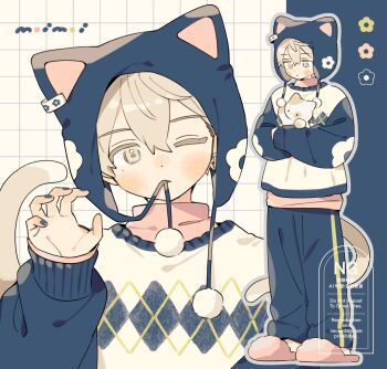 1girl animal animal_hat blonde_hair blue_hat blue_pants blue_sleeves blush cat cat_girl cat_hat cat_tail claw_pose closed_mouth commentary commission double-parted_bangs flower_symbol full_body grey_outline grid_background hair_between_eyes hand_up hat highres holding holding_animal long_sleeves looking_at_viewer moi03_moi08 multiple_views no_socks one_eye_closed original outline pants parted_lips pink_slippers short_hair signature slippers standing sweater symbol-only_commentary tail watermark white_background white_sweater yellow_eyes