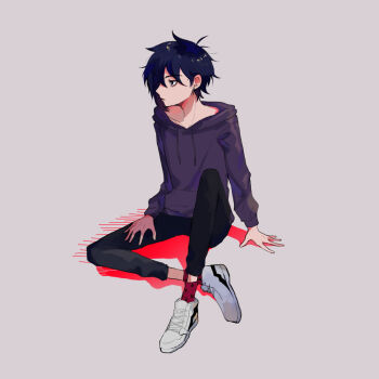 Rule 34 | 1boy, bags under eyes, black hair, black hoodie, black pants, commentary request, crossed ankles, earrings, hood, hood down, hoodie, jewelry, long sleeves, looking to the side, male focus, nahogiisio, pants, parted lips, print socks, red socks, sebastian (stardew valley), shoes, short hair, sitting, sneakers, socks, solo, stardew valley, sweatpants, white shoes