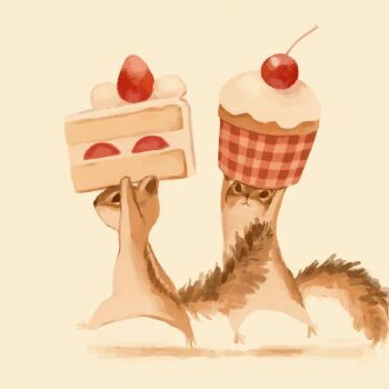 animal animal_focus cake cake_slice cherry commentary_request cupcake fmtxpicx6b2zdw food food_focus fruit highres no_humans original squirrel strawberry strawberry_shortcake