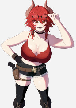 1girl absurdres adjusting_eyewear belt black_boots black_choker black_gloves black_shorts black_thighhighs boots breasts brown_belt choker cleavage dragon_girl dragon_horns eyewear_on_head fangs gloves hand_on_own_hip highres horns indie_virtual_youtuber large_breasts looking_at_viewer medium_hair meibin red_shirt shirt shorts single_glove solo sunglasses thighhighs virtual_youtuber white_background zentreya zentreya_(dragon)