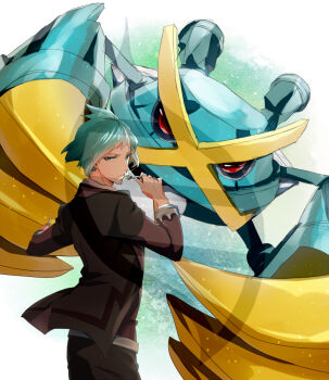 1boy alternate_color black_pants blue_eyes blue_hair chiriko_(sugar_vine) closed_mouth collared_shirt gen_3_pokemon grey_hair hand_up holding holding_spoon jacket jewelry long_sleeves looking_at_viewer mega_evolution mega_evolution_symbol mega_metagross mega_pokemon metagross nintendo pants pokemon pokemon_(creature) pokemon_oras ring shiny_pokemon shirt shoes short_hair spoon standing steven_stone