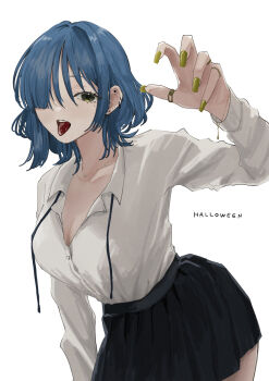 1girl alternate_breast_size_(larger) black_skirt bocchi_the_rock! breasts claw_pose collarbone commentary_request earrings green_eyes hair_over_one_eye hand_up highres jewelry large_breasts long_sleeves loose_neck_ribbon multiple_earrings multiple_rings neck_ribbon necklace open_mouth pleated_skirt ribbon ring saltyacurry shirt shirt_tucked_in simple_background skirt solo teeth tongue tongue_out upper_teeth_only white_background white_shirt yamada_ryo