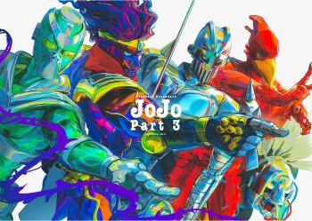 5others armor beak bird blue_eyes commentary_request copyright_name floating_hair hermit_purple hierophant_green highres index_finger_raised jojo_no_kimyou_na_bouken magician&#039;s_red multiple_others open_mouth outstretched_arm pauldrons plant pointing red_eyes shoulder_armor silver_chariot simple_background spiked_pauldrons spikes star_platinum stardust_crusaders sword the_fool_(stand) uu0000322 vines weapon white_background