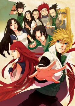 3girls 6+boys aburame_shibi akimichi_chouza black_eyes black_hair blonde_hair blue_eyes cape everyone fighting_stance headband hinell06 hyuuga_hiashi hyuuga_hizashi inuzuka_tsume long_hair md5_mismatch multiple_boys multiple_girls namikaze_minato nara_shikaku naruto_(series) naruto_shippuuden red_hair shirt short_hair smile spiked_hair uchiha_fugaku uchiha_mikoto uzumaki_kushina very_long_hair yamanaka_inoichi