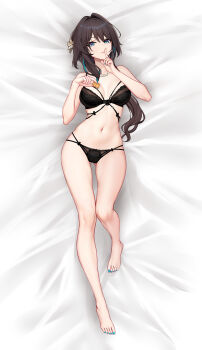 1girl absurdres aqua_nails barefoot bead_necklace beads bed_sheet black_bra black_panties bra breasts brown_hair chinese_commentary commentary_request feet finger_to_mouth flower food full_body gluteal_fold green_eyes hair_flower hair_intakes hair_ornament hands_up highres holding holding_food honkai:_star_rail honkai_(series) index_finger_raised jewelry knee_up large_variant_set long_hair looking_at_viewer lying medium_breasts multi-strapped_panties multicolored_hair nail_polish navel necklace on_back on_bed panties parted_lips ruan_mei_(honkai:_star_rail) shushing solo stomach streaked_hair toenail_polish toenails toes underwear underwear_only variant_set yunkaiming