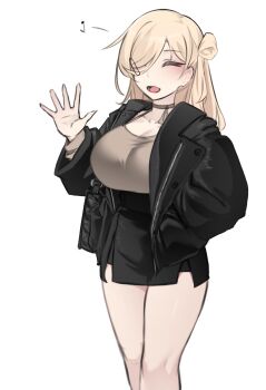 Rule 34 | 1girl, absurdres, black jacket, black skirt, blonde hair, breasts, camisole, choker, cleavage, closed eyes, folded hair, grey camisole, grey choker, hair ornament, hairclip, hand in pocket, hand up, highres, huge breasts, jacket, k0ng, long hair, long sleeves, merc-san (k0ng), miniskirt, musical note, one side up, open clothes, open jacket, open mouth, original, pencil skirt, shirt tucked in, simple background, skirt, smile, solo, waving, weapon, white background