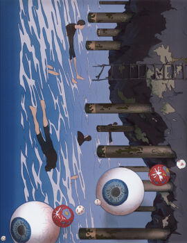 5boys absurdres black_hair blue_eyes commentary english_commentary eyeball highres in_water mikasamu multiple_boys ocean original rope_ladder short_hair water