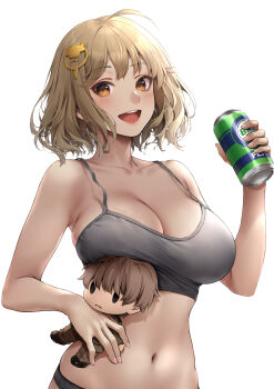 1girl :d absurdres ahoge anis_(nikke) breasts brown_hair can character_doll cleavage commander_(nikke) commentary de_yai_shui_yan_di doll drink_can english_commentary goddess_of_victory:_nikke hair_ornament highres holding holding_can large_breasts looking_at_viewer navel open_mouth short_hair simple_background smile soda_can solo stomach white_background yellow_eyes