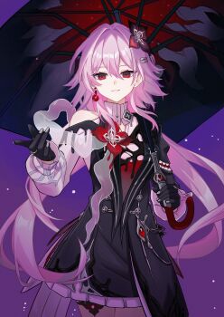 Rule 34 | 1girl, absurdres, asymmetrical dress, black dress, black gloves, black umbrella, breasts, commentary request, cowboy shot, dress, earrings, evernight (honkai: star rail), flower, gloves, hair between eyes, hair flower, hair ornament, hairclip, hand up, highres, holding, holding umbrella, honkai: star rail, honkai (series), jewelry, li shijin, long hair, looking at viewer, march 7th (honkai: star rail), medium breasts, parallel hairclips, parted lips, pink hair, purple flower, red eyes, single bare shoulder, single earring, smile, solo, umbrella