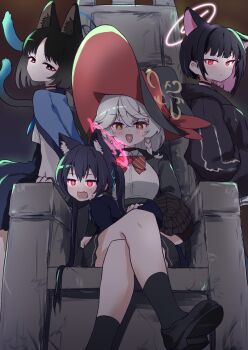+_+ 4girls animal_ear_fluff animal_ears black_eyes black_hair black_jacket black_shoes black_skirt black_socks blue_archive blue_halo blue_ribbon blunt_ends bow bowtie brown_eyes cat_ears cat_girl cat_tail closed_mouth colored_inner_hair commentary commission crossed_legs diagonal-striped_bow diagonal-striped_bowtie diagonal-striped_clothes eri_(blue_archive) extra_ears fang grey_hair hair_ribbon halo hat highres jacket kazusa_(blue_archive) kikyou_(blue_archive) kurosaki_kousuke long_sleeves miniskirt multicolored_hair multiple_girls multiple_tails nekomata open_mouth pink_eyes pink_hair pink_halo pleated_skirt red_bow red_bowtie ribbon serika_(blue_archive) shirt shoes short_hair sitting skeb_commission skin_fang skirt socks striped_bow striped_bowtie striped_clothes tail two-tone_hair two_tails white_shirt witch_hat yellow_halo