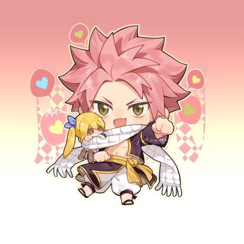 Rule 34 | 1boy, artist name, character doll, chibi, chibi only, commentary request, dated, doll, fairy tail, fang, full body, gradient background, green eyes, heart, highres, looking at viewer, lucy heartfilia, male focus, natsu dragneel, open mouth, pink hair, scarf, short hair, simple background, skin fang, solo, spoken heart, white scarf, xuchuan