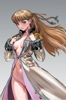 1girl blue_eyes blunt_bangs braid breasts brown_hair coat commentary_request gundam gundam_wing hetero highres huo_ji_wu long_braid long_hair long_sleeves looking_at_viewer medium_breasts naked_coat navel no_bra no_panties open_clothes open_coat opened_by_self relena_peacecraft shiny_skin solo standing