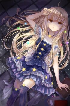 Rule 34 | 1girl, :o, ahoge, bare arms, blonde hair, bow, braid, breasts, brown eyes, buttons, chinese commentary, choker, coattails, collarbone, commentary, commentary request, di tao, dot nose, dress, dress bow, english commentary, feet out of frame, frilled dress, frilled sleeves, frills, hair between eyes, hand on own head, highres, jitome, lace, lace-trimmed dress, lace trim, light blush, light particles, long hair, long sidelocks, looking at viewer, lying, miracle nikki, mixed-language commentary, nikki (series), off-shoulder dress, off shoulder, on back, open mouth, over-kneehighs, puffy short sleeves, puffy sleeves, purple bow, purple choker, purple dress, purple socks, see-through clothes, see-through sleeves, short dress, short sleeves, side braids, sidelocks, socks, solo, star (symbol), star button, star choker, starlet (miracle nikki), striped bow, striped clothes, striped socks, tailcoat, thighhighs, tile floor, tiles, twin braids, vertical-striped clothes, vertical-striped socks, very long hair