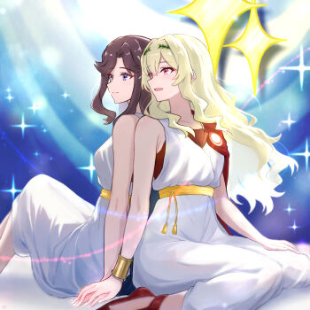 Rule 34 | 2girls, arm at side, armpit crease, back-to-back, bangle, bare arms, bare shoulders, blonde hair, blue background, bracelet, breasts, brown hair, cape, chibinekopan, closed mouth, collarbone, commentary request, dress, feet out of frame, fingernails, floating hair, highres, holding hands, indoors, jewelry, knees up, laurel crown, long dress, long hair, looking ahead, looking to the side, medium breasts, multiple girls, on floor, parted bangs, pink eyes, purple eyes, red cape, red shoes, saijou claudine, sash, shirt, shoes, shoujo kageki revue starlight, side cape, sidelocks, sitting, sleeveless, sleeveless dress, sleeveless shirt, smile, sparkle, tassel, tendou maya, waist sash, wavy hair, white dress, yuri