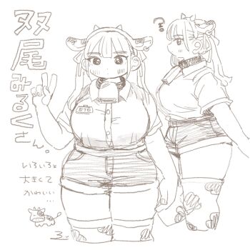 Rule 34 | 1girl, animal ears, animal print, bell, borrowed character, breasts, cow ears, cow girl (riki unc), cow print, cowbell, curvy, dual persona, ebiebi, futao miruku (riki), highres, large breasts, neck bell, original, short shorts, shorts, simple background, sketch, thighhighs, twintails, v, white background