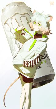 1girl absurdres ahoge animal_ear_fluff animal_ears arm_up artist_name bags_under_eyes bike_shorts black_shirt borrowed_character can clenched_hand clyankzz colored_tips commentary double-parted_bangs drawstring drawstring_pull drink_can english_commentary expressionless eyebrows_hidden_by_hair feet_out_of_frame from_side go!_go!_gris! gradient_hair green_eyes green_hoodie hair_between_eyes hair_intakes half-closed_eyes hand_in_pocket highres hood hood_down hoodie leaning_back long_eyelashes long_legs looking_to_the_side looking_up monster_energy mouse_ears mouse_girl mouse_tail multicolored_hair original perl_(go!_go!_gris!) pink_hair pink_tail polka_dot print_hoodie raised_eyebrows shadow shirt short_hair short_shorts shorts sidelocks signature solo standing tail thick_eyelashes timestamp turtleneck turtleneck_shirt two-sided_hoodie white_background white_hair white_hoodie