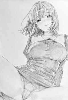 1girl absurdres arms_at_sides blush bow bow_panties breasts closed_mouth clothes_lift commentary_request cowboy_shot cross cross_necklace crotch_seam dress dress_lift dutch_angle embarrassed floating_hair graphite_(medium) greyscale highres jewelry large_breasts lensia long_sleeves looking_at_viewer medium_hair monochrome necklace nose_blush nun original panties partially_visible_vulva raised_inner_eyebrows sitting solo spread_legs traditional_media underwear wavy_mouth