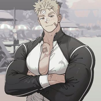 1boy 9an9ta abs bandaid bandaid_on_face bandaid_on_nose bara biceps blonde_hair blurry blurry_background brown_eyes crossed_arms jacket large_pectorals looking_at_viewer male_focus manly multicolored_jacket muscular muscular_arms muscular_male original partially_open_jacket pectorals scar scar_on_chest scar_on_face seaside short_hair solo sweat sweatdrop two-tone_jacket