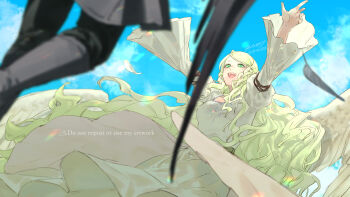 1boy 1girl 91007 angel_wings bird black_wings blonde_hair commentary_request dress feathered_wings fire_emblem fire_emblem:_radiant_dawn green_eyes heron highres leanne_(fire_emblem) naesala_(fire_emblem) nintendo open_mouth outstretched_arms white_dress white_wings wings