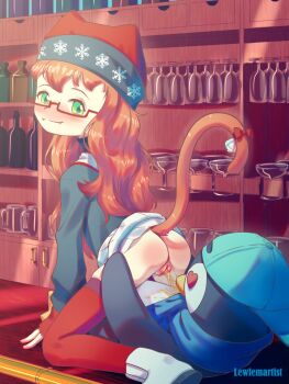 1girl 1other animal_ears animal_hat anus arm_support artist_name ass backwards_hat baseball_cap beanie bell blush boots borrowed_character bow brown_hair cat_ears cat_girl cat_tail cleft_of_venus closed_mouth commission fangs golden_shower green_eyes hat heart heart-shaped_pupils highres indoors lewlem loli long_hair long_sleeves looking_back no_panties original peeing pleated_skirt pussy rectangular_eyewear red-framed_eyewear red_bow red_thighhighs reverse_cowgirl_position semi-rimless_eyewear sex skirt smile solo_focus straddling symbol-shaped_pupils tail tail_bell tail_bow tail_ornament tail_raised thighhighs thighs uncensored water_drop white_footwear white_skirt