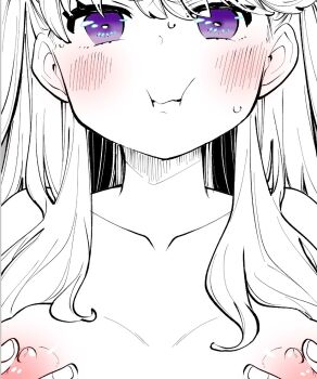 1girl :i blush breasts collarbone commentary fujishima_megumi grabbing_own_breast greyscale link!_like!_love_live! long_hair looking_at_viewer love_live! medium_breasts monochrome nipples nude pout purple_eyes solo sweat symbol-only_commentary upper_body virtual_youtuber yukiri_takashi