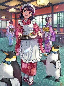 3girls apron asymmetrical_bangs bird black_hair blue_bow blue_bowtie blush_stickers bow bowtie commentary_request floral_print floral_print_kimono food frilled_apron frills fruit fruit_bowl hair_bow highres holding holding_tray indoors japanese_clothes kimono maid maid_headdress medium_hair multiple_girls nanami_tomorou obi original penguin people ponytail print_kimono purple_bow restaurant sandals sash standing tray wa_maid waitress white_apron