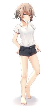 Rule 34 | 1girl, bare arms, bare legs, barefoot, black eyes, black shorts, breasts, closed mouth, collarbone, commentary request, commission, denim, denim shorts, female focus, full body, hair between eyes, hand in pocket, highres, light brown hair, medium breasts, nagami yuu, original, shirt, shirt tucked in, short hair, short shorts, short sleeves, shorts, sidelocks, simple background, skeb commission, solo, standing, webp-to-png conversion, white background, white shirt