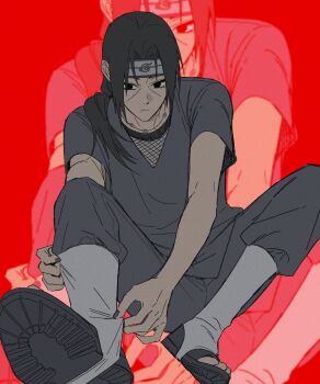 1boy absurdres adjusting_footwear black_eyes black_hair black_headband black_nails black_pants black_shirt closed_mouth commentary_request facial_mark hair_over_shoulder headband highres jewelry konohagakure_symbol korean_commentary long_hair low_ponytail male_focus n1conicosmile nail_polish naruto_(series) naruto_shippuuden necklace open-toe_shoes pants parted_bangs ponytail red_background shirt short_sleeves solo uchiha_itachi