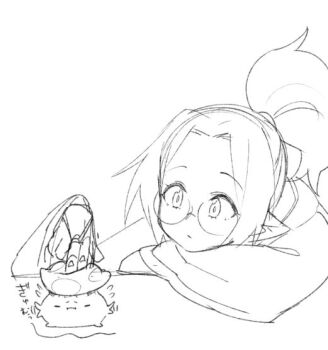 1girl 1other agawa_ryou closed_mouth elf glasses greyscale head_on_arm kinoko_elf_(agawa_ryou) looking_at_another monochrome mushroom original playing pointy_ears ponytail round_eyewear simple_background sketch white_background