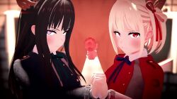1boy 2girls 3d animated bathroom black_hair blonde_hair blush breasts censored clothed_female_nude_male cum fellatio hand_on_another&#039;s_head inoue_takina large_breasts licking licking_penis long_hair looking_at_viewer lycoris_recoil lycoris_uniform mosaic_censoring multiple_girls nishikigi_chisato nude oral orgasm penis purple_eyes red_eyes short_hair small_breasts sound tagme testicles toilet urinal video