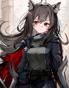 1girl ahoge animal_ear_fluff animal_ear_piercing animal_ears arknights belt black_belt blush cape closed_mouth commentary grey_shirt hair_between_eyes kari90909 multiple_belts orange_eyes red_cape shirt solo split_mouth texas_(arknights) torn_cape torn_clothes upper_body wind wolf_ears wolf_girl