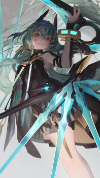 1girl absurdres aether_gazer aqua_hair aqua_pupils armor black_dress black_gloves blue_nails bracelet breasts commentary cowboy_shot crossed_bangs dress english_commentary fingerless_gloves fingernails floating_hair gloves gold_bracelet gold_trim hair_between_eyes hair_ornament hairclip hand_up headgear heikokuru1224 highres holding holding_sword holding_weapon jewelry long_hair looking_at_viewer nail_polish osiris_(aether_gazer) red_eyes short_dress shoulder_armor small_breasts smile solo standing sword symbol-shaped_pupils teeth very_long_hair weapon x-shaped_pupils x_hair_ornament