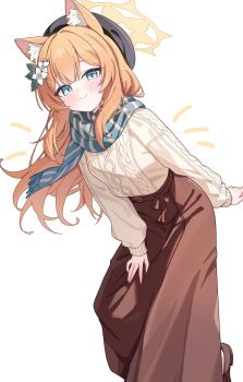 1girl animal_ears beret blue_archive blue_eyes blush cat_ears cat_girl flower hair_flower hair_ornament halo hat highres long_hair long_skirt mari_(blue_archive) nonddu orange_hair orange_halo ribbed_sweater scarf simple_background skirt smile solo sweater twitter white_background