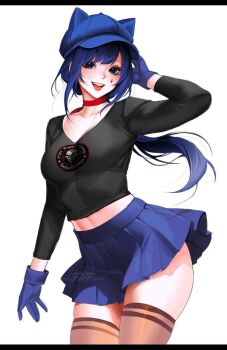 1girl :d animal_ears beanie black_shirt blue_eyes blue_gloves blue_hair blue_skirt breasts brown_thighhighs cat_ears choker crazy_mita_(miside) fake_animal_ears fif_228 gloves hat highres lips long_hair long_sleeves medium_breasts midriff miside mita_(miside) open_mouth pleated_skirt ponytail red_choker shirt simple_background skirt smile tattoo teardrop_tattoo teeth thighhighs upper_teeth_only white_background